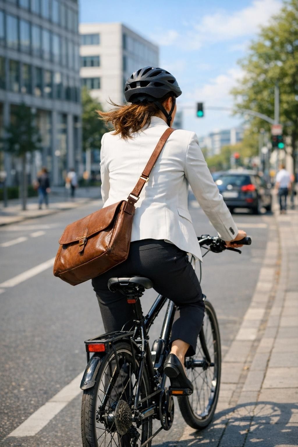 Eine Frau fährt auf einem Rad zum Termin