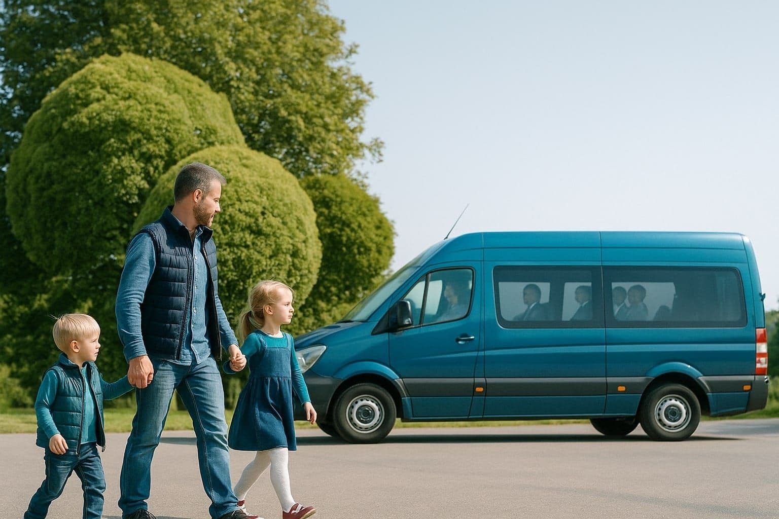 Logo Auf dem Bild ist ein On-Demand-Verkehr vor einer Baumgruppe abgebildet. Eine Person führt zwei Kinder an der Hand zum Verkehrsmittel
